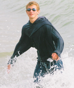 hoodie blue jeans swimming fully clothed