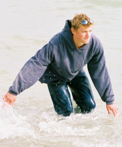 hoodie blue jeans swimming fully clothed