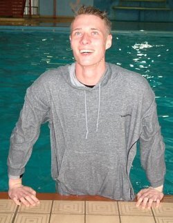 pool side push-up in wet hoodie