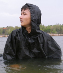 poncho black hood survival swimming in lake